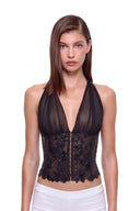 Elowen 3D hand-painted floral corset top in Black, front view