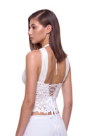 Elowen 3D hand-painted floral corset top in Ivory, back three quarter view