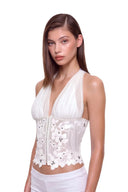 Elowen 3D hand-painted floral corset top in Ivory, front three quarter view