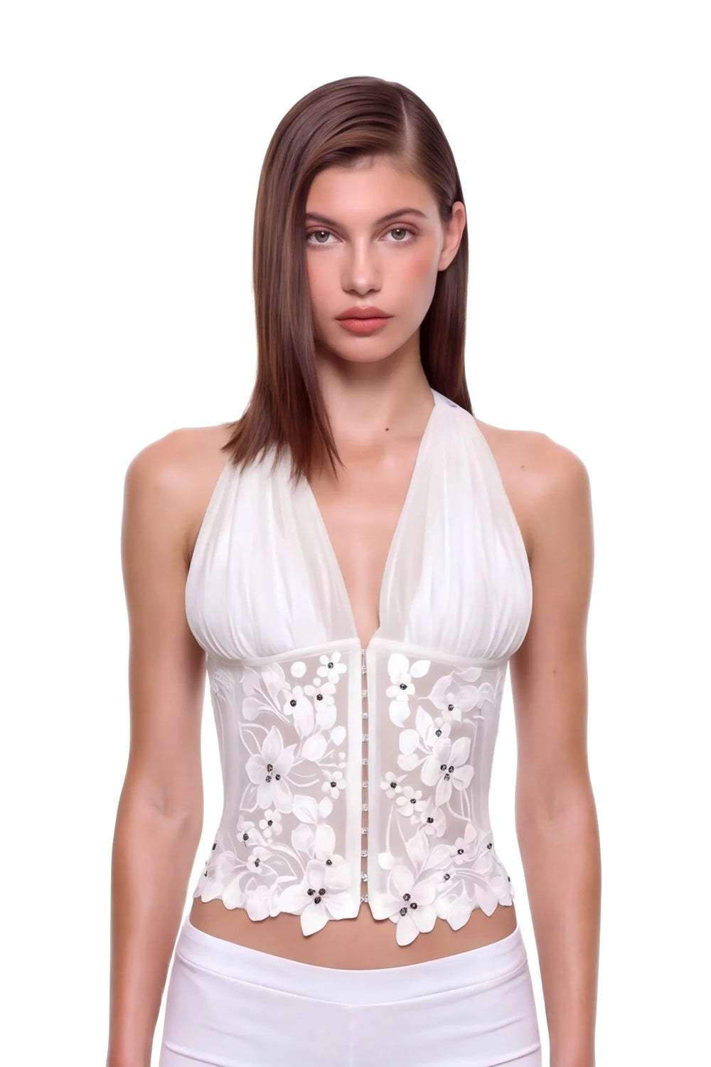 Elowen 3D hand-painted floral corset top in Ivory, front view