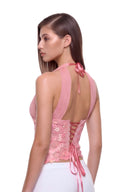 Elowen 3D hand-painted floral corset top in Rose Pink, back three quarter view