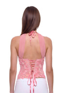 Elowen 3D hand-painted floral corset top in Rose Pink, back view