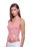 Elowen 3D hand-painted floral corset top in Rose Pink, front three quarter view