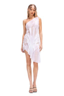 Elysia white one-shoulder wetlook mini dress with sculptural draping and asymmetric hem, front view