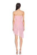 Back view of the light pink Eos strapless wet look midi dress, showing the garment silhouette and back detailing.