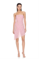 Alternate front view of the light pink Eos strapless wet look midi dress, showing gathered draping and an asymmetric hem.