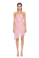 Front view of the light pink Eos strapless wet look midi dress, showing gathered draping and an asymmetric hem.