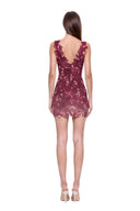 Fiora hand-painted floral mini dress in Bordo Ombre, back view showing the V back and raised flower and leaf pattern