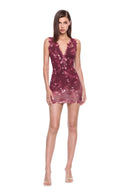 Fiora hand-painted floral mini dress in Bordo Ombre, front view showing the V neckline and floral-edged mini hem