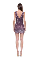 Fiora hand-painted floral mini dress in Plum Ombre, back view showing the V back and raised flower and leaf pattern