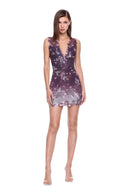 Fiora hand-painted floral mini dress in Plum Ombre, front view showing the V neckline and floral-edged mini hem