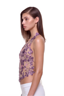 Florielle floral halter top in Aubergine, side view showing the floral mesh panels and cropped silhouette.