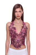 Florielle floral halter top in Berry Ombré, front view showing raised hand-painted flowers, hand-beaded centers and a shaped hem.