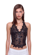 Florielle floral halter top in Black, front view showing raised hand-painted flowers, hand-beaded centers and a shaped hem.
