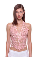 Florielle floral halter top in Blush Pink, front view showing raised hand-painted flowers, hand-beaded centers and a shaped hem.