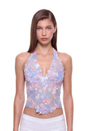 Florielle floral halter top in Pastel Blue, front view showing raised hand-painted flowers, hand-beaded centers and a shaped hem.