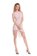Front hands crossed view of the light pink fringed sheer asymmetric mini dress, showing a sleeveless silhouette, curved sheer stripes and looped fringe at the hem.