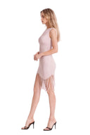 Opposite side view of the light pink fringed sheer asymmetric mini dress, showing a sleeveless silhouette, curved sheer stripes and looped fringe at the hem.