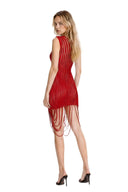 Angled back view of the red fringed sheer asymmetric mini dress, showing the garment silhouette and back detailing.