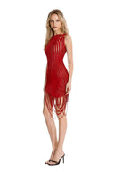 Angled front view of the red fringed sheer asymmetric mini dress, showing a sleeveless silhouette, curved sheer stripes and looped fringe at the hem.