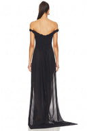 Alglist schulterfreies Wetlook-Maxikleid mit doppeltem Beinschlitz