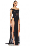 Alglist schulterfreies Wetlook-Maxikleid mit doppeltem Beinschlitz