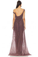 Alglist schulterfreies Wetlook-Maxikleid mit doppeltem Beinschlitz