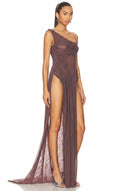 Alglist schulterfreies Wetlook-Maxikleid mit doppeltem Beinschlitz