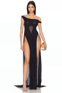 Alglist Off-Shoulder Wetlook Long Dress With Double Thigh Split