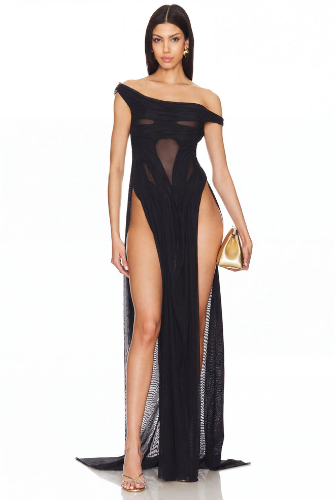 Alglist schulterfreies Wetlook-Maxikleid mit doppeltem Beinschlitz