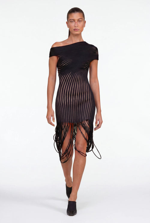 Asymmetric Draped Sheer Midi Dress in Black – Front View, One-Shoulder Organza Evening Dress – LOOKE GARMENT