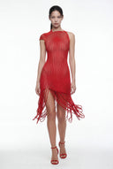 Fringed Sheer Asymmetric Mini Dress in Red – Full Length View, Avant-Garde Organza Party Dress – LOOKE GARMENT