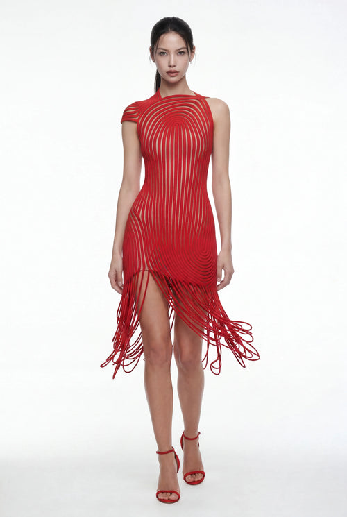 Fringed Sheer Asymmetric Mini Dress in Red – Full Length View, Avant-Garde Organza Party Dress – LOOKE GARMENT