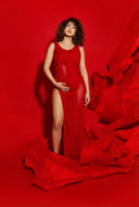 Naia Off The Shoulder Wetlook Maxi Gown in Red – Front View, Maternity-Friendly Evening Gown – LOOKE GARMENT