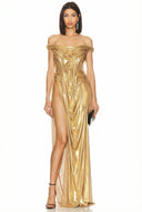 Naia Off The Shoulder Wetlook Maxi Gown in Metallic Gold – Full Styled View, Luxury Evening Gown – LOOKE GARMENT