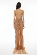 Nude Pearl-Beaded Wetlook Gown – Back View, Dramatic Open Back with Puddle Train – LOOKE GARMENT