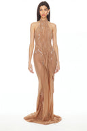 Nude Pearl-Beaded Wetlook Gown – Front View, Hand-Embroidered Baroque Pearl Couture Gown – LOOKE GARMENT