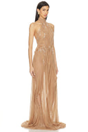 Nude Pearl-Beaded Wetlook Gown – Right Side View, High Halterneck and Pearl Embroidery Detail – LOOKE GARMENT