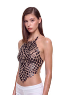 Serica 3D hand-painted halter crop top in metallic black, front three quarter view
