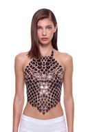 Serica 3D hand-painted halter crop top in metallic black, front view