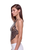 Serica 3D hand-painted halter crop top in metallic black, side view