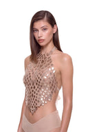 Serica 3D hand-painted halter crop top in metallic gold, front three quarter view