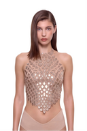 Serica 3D hand-painted halter crop top in metallic gold, front view
