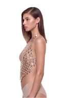 Serica 3D hand-painted halter crop top in metallic gold, side view