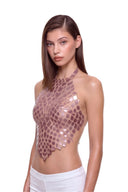 Serica 3D hand-painted halter crop top in metallic rose, front three quarter view