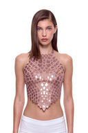 Serica 3D hand-painted halter crop top in metallic rose, front view