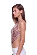Serica 3D hand-painted halter crop top in metallic rose, side view
