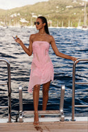 Light Pink Wetlook Strapless Midi Dress – Full Length Banner View, Asymmetric Hem Couture Dress – LOOKE GARMENT