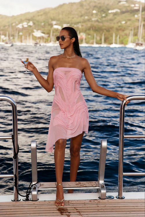Light Pink Wetlook Strapless Midi Dress – Full Length Banner View, Asymmetric Hem Couture Dress – LOOKE GARMENT