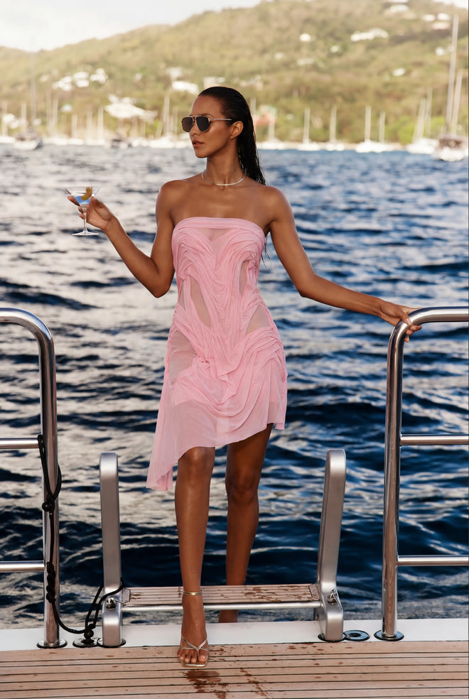 Light Pink Wetlook Strapless Midi Dress – Full Length Banner View, Asymmetric Hem Couture Dress – LOOKE GARMENT